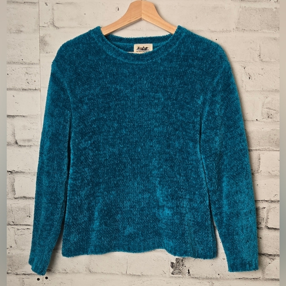 Vintage 90s Northern Reflections Teal Chenille Sweater Cozy Soft Knit